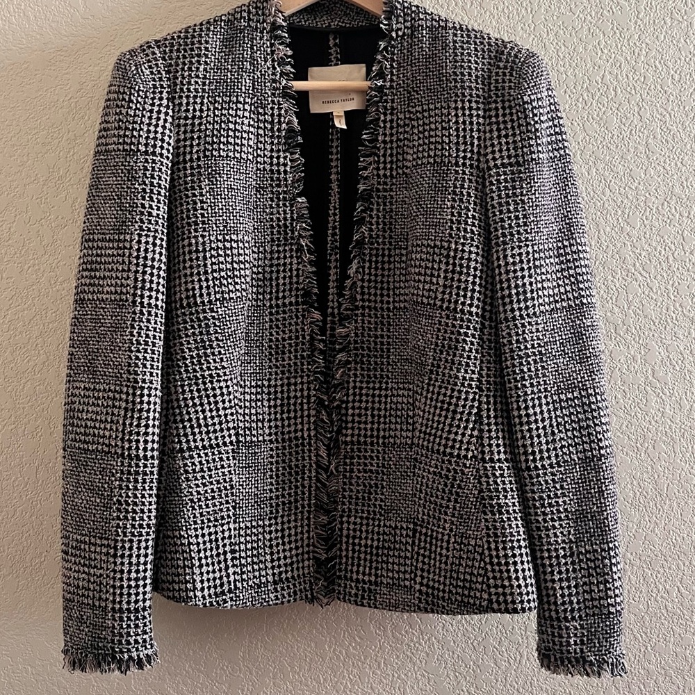 Rebecca Taylor Patchwork Houndstooth Fringe Trim Jacket Size 2